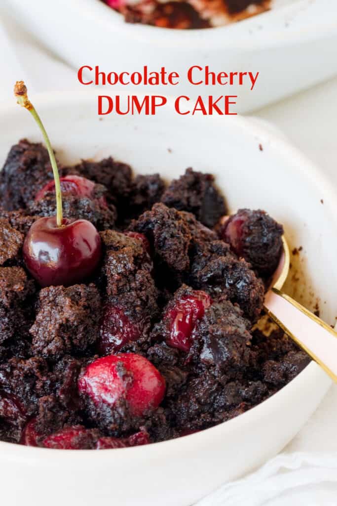 Partial view of white bowl with serving of chocolate cherry dump cake, spoon, white surface
