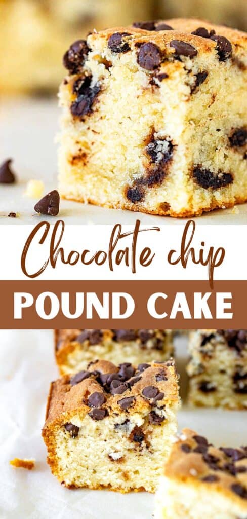Brown and white text overlay on two images of chocolate chip cake squares.